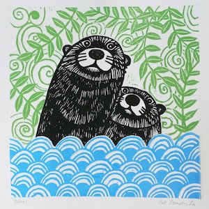 Otters Linocut Print,  Otter Linoprint,  Otters Art Print, Kat Lendacka, Free Postage