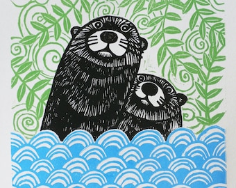 Otters Linocut Print,  Otter Linoprint,  Otters Art Print, Kat Lendacka, Free Postage