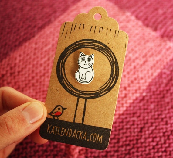 Cat Pin, Cat Badge, Linocut Shrink Plastic Pin, Shrink Plastic Jewelry, Cat Jewellery, Mothers Day, Kat Lendacka