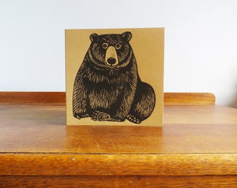 bear linocut - hand printed linocut card - Kat Lendacka - linoprint - blank greeting card - brown kraft card - free postage in UK