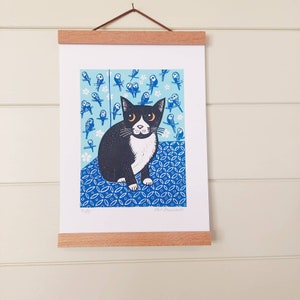 Buffy the Cat Linocut Print, blue, Hand Printed Signed Open Edition, Kat Lendacka