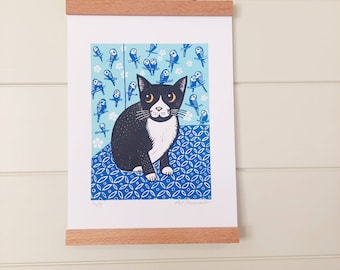 Buffy the Cat Linocut Print, blue, Hand Printed Signed Open Edition, Kat Lendacka