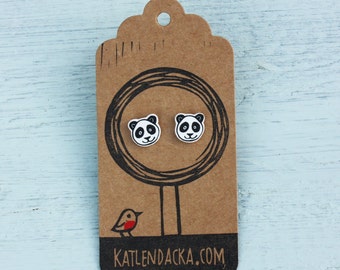 panda earrings - panda jewelry - panda jewellery - linocut - Kat Lendacka - animal earrings - shrink plastic