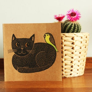 Katze Linoldruck, Schwarze Katze und Wellensittich, Handgedruckte Originalkarte, Linolschnittkarte, Katze Linoldruck, Versandkostenfrei in UK,
