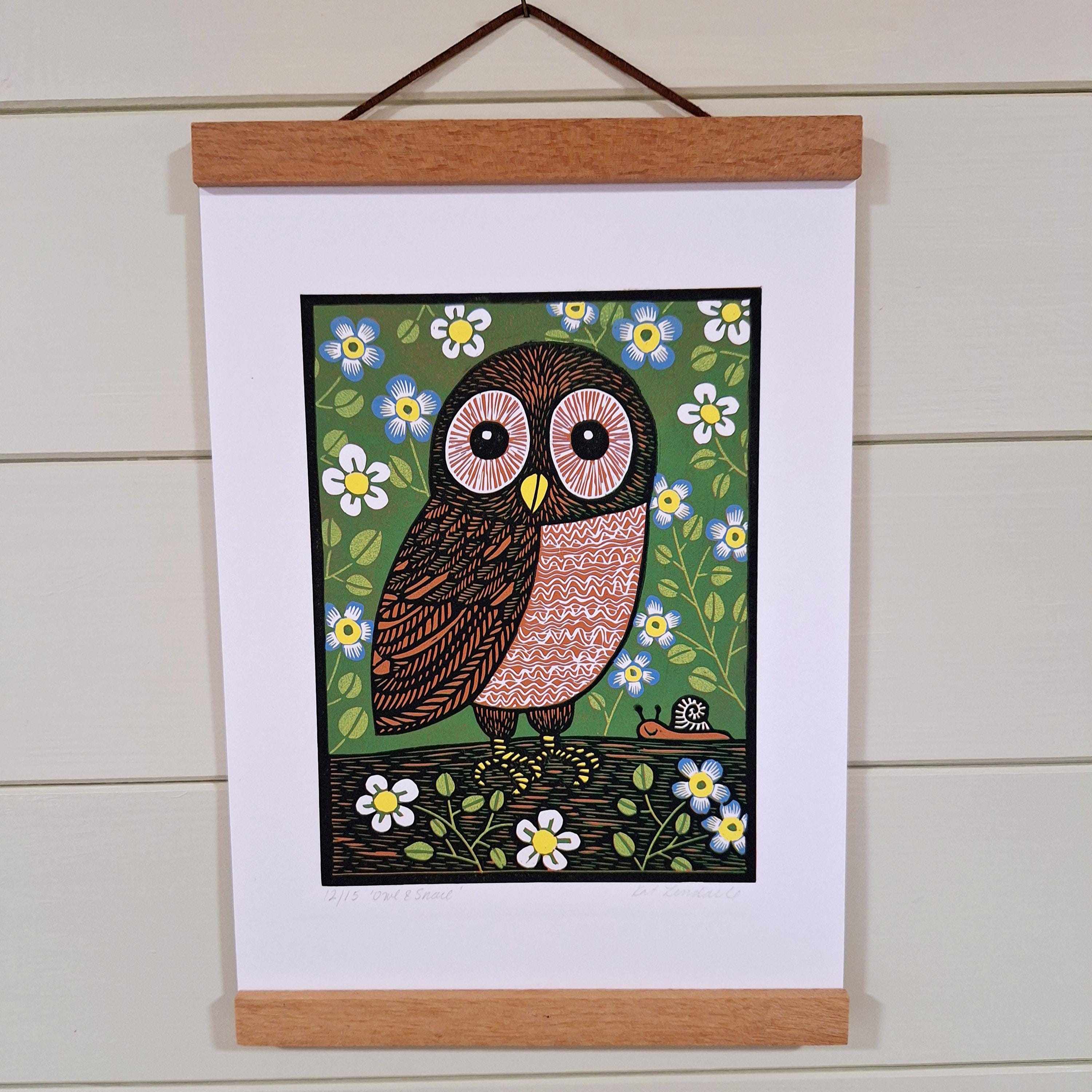 Owl linocut print - Reduction linocut print - Limited edition of 15 - Free Postage in UK - Kat Lenda