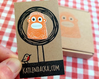 orangutan pin, orangutan badge, jewelry, orangutan jewellery, linocut, Kat Lendacka, shrink plastic, block print, linoprint