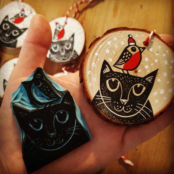Cat and Robin christmas tree decoration - hand printed - handmade - linocut - wooden slice - kat lendacka - free postage in uk