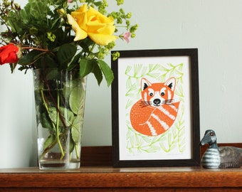 Red Panda, original linocut print, Kat Lendacka, Signed Open Edition, Free Postage in UK, Hand Pulled, block print, Printmaking, Linoprint