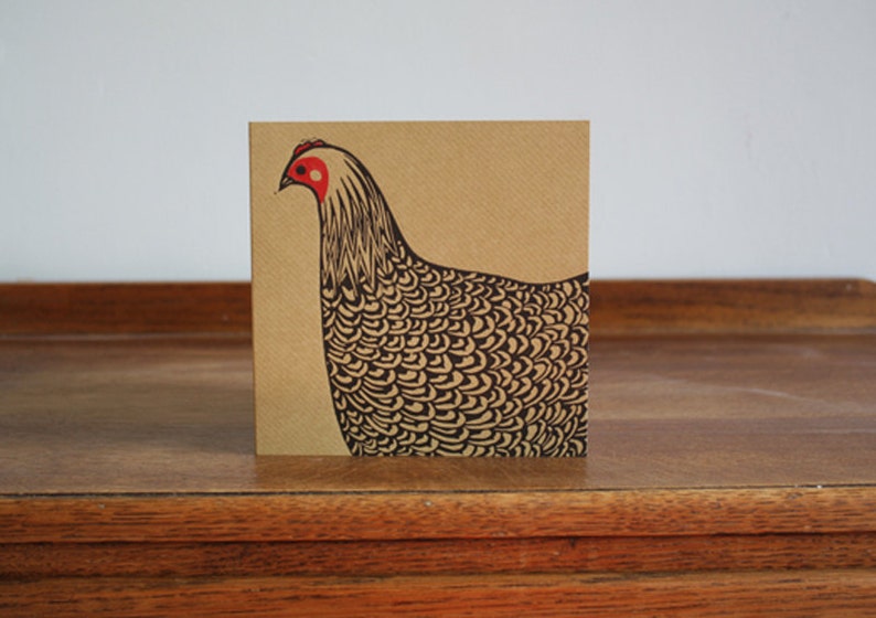 Hen Linocut Print, Chicken Linocut Print Card, Chicken Linoprint, Hand Printed, Kat Lendacka, Free Postage in UK image 1