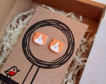 Guinea  pigs earrings - guinea pig jewelry - orange - Guinea  pig jewellery - linocut - Kat Lendacka - animal earrings - shrink plastic