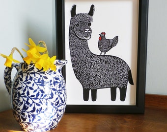 Llama and Chicken linocut print - Teachers gift - animal linocut print - teacher gift - signed open edition - free delivery - Kat Lendacka
