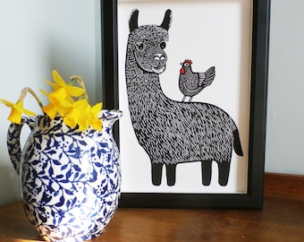 Llama and Chicken linocut print - Teachers gift - animal linocut print - teacher gift - signed open edition - free delivery - Kat Lendacka