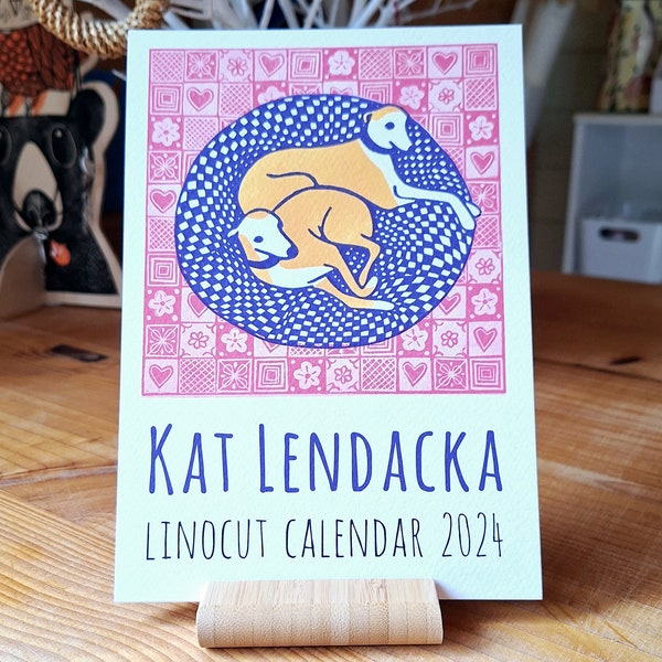 linocut calendar 2024 - desk calendar - wall calendar - kat lendacka calendar – free postage - block print - printmaking