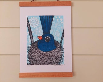 Blue Bird Nest Linocut Print, Hand Printed Signed Open Edition, Kat Lendacka