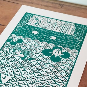 Wild Swimming Linocut Print, Castle Ashby Lake, Open Water Swimming, Hand Printed Signed Open Edition, Kat Lendacka