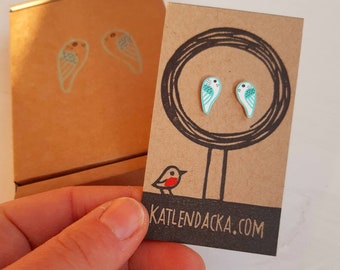 Budgie earrings - budgie jewelry - budgie jewellery - linocut - Kat Lendacka - blue budgie - bird earrings - shrink plastic