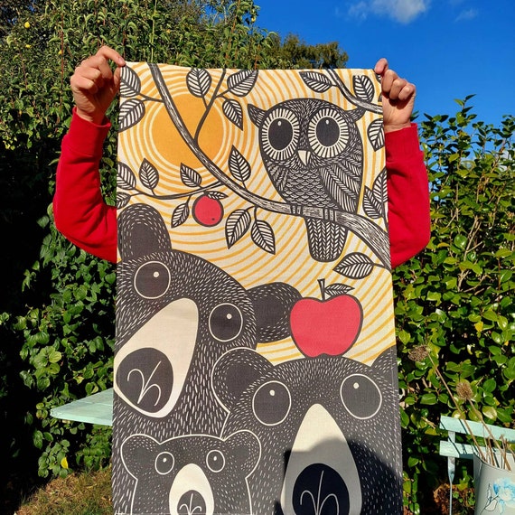 Cotton Tea Towel, Bear Family and Owl, linocut, linoprint, Kat Lendacka
