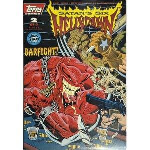 May include: A comic book cover for "Hellspawn" featuring a red demon with a chain and spiked wristband, holding a bottle. The cover includes the text "BARFIGHT!" and "Satan's Six". The comic is labeled "2 of 3" and includes the Topps Comics logo.