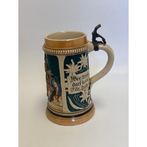 Vintage German Beer Stein Mug Pewter Lid Edelweiss Relief Quote Man Scene