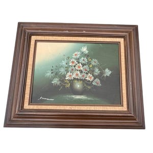 Signed Vintage Floral Oil Painting Still Life Daisies Framed Wall Art 23x21