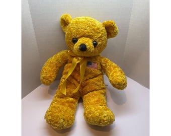 Patriotic Plush Teddy Bear Yellow Gold Ribbon American Flag Patch