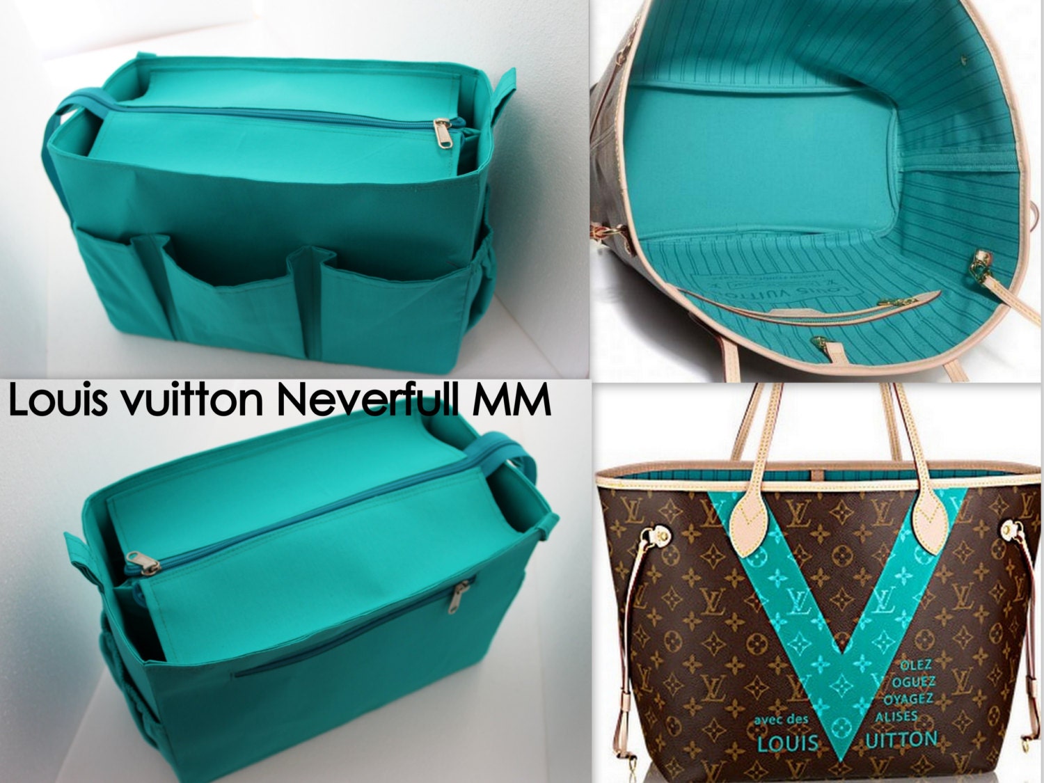 Authentic Louis Vuitton Monogram Neverfull Pouch Turquoise.