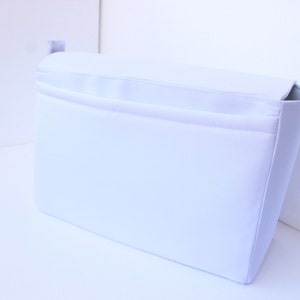 Tall Large Bag organizer /Purse insert with Magnetic snap Flap closure and iPad case in White fabric