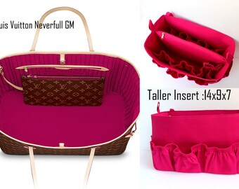 May include: A pink and brown Louis Vuitton Neverfull GM handbag with a matching brown and tan pouch inside. The bag is open and the interior is lined with pink fabric. The image also shows two pink felt bag organizers, one with a taller design. The taller organizer is labeled "Taller Insert : 14x9x7".