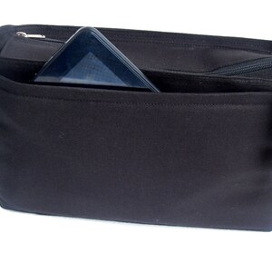 Extra tall Large Bag insert /Purse insert with Zipper closure  and iPad case in Black fabric
