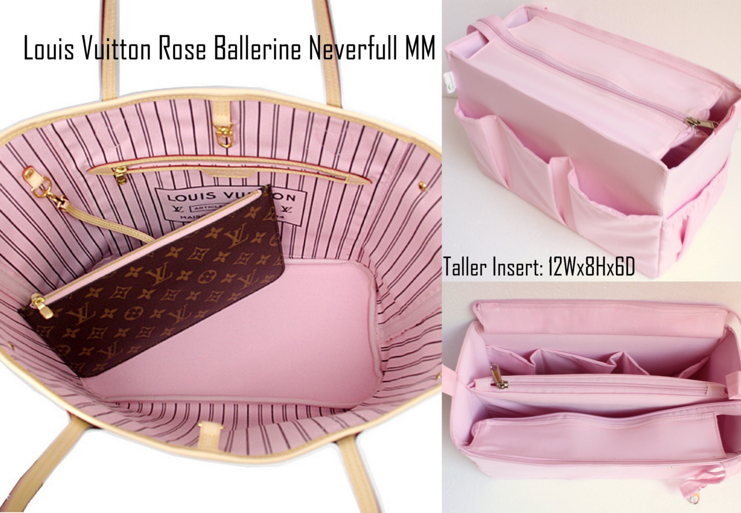 Taller Purse organizer for Louis Vuitton Neverfull MM with Zipper closure-  Bag organizer insert in Rose Ballerine