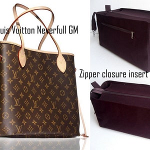 May include: A brown and tan Louis Vuitton Neverfull GM tote bag with a zipper closure insert. The insert is 14x7x7 inches and is a dark brown color.