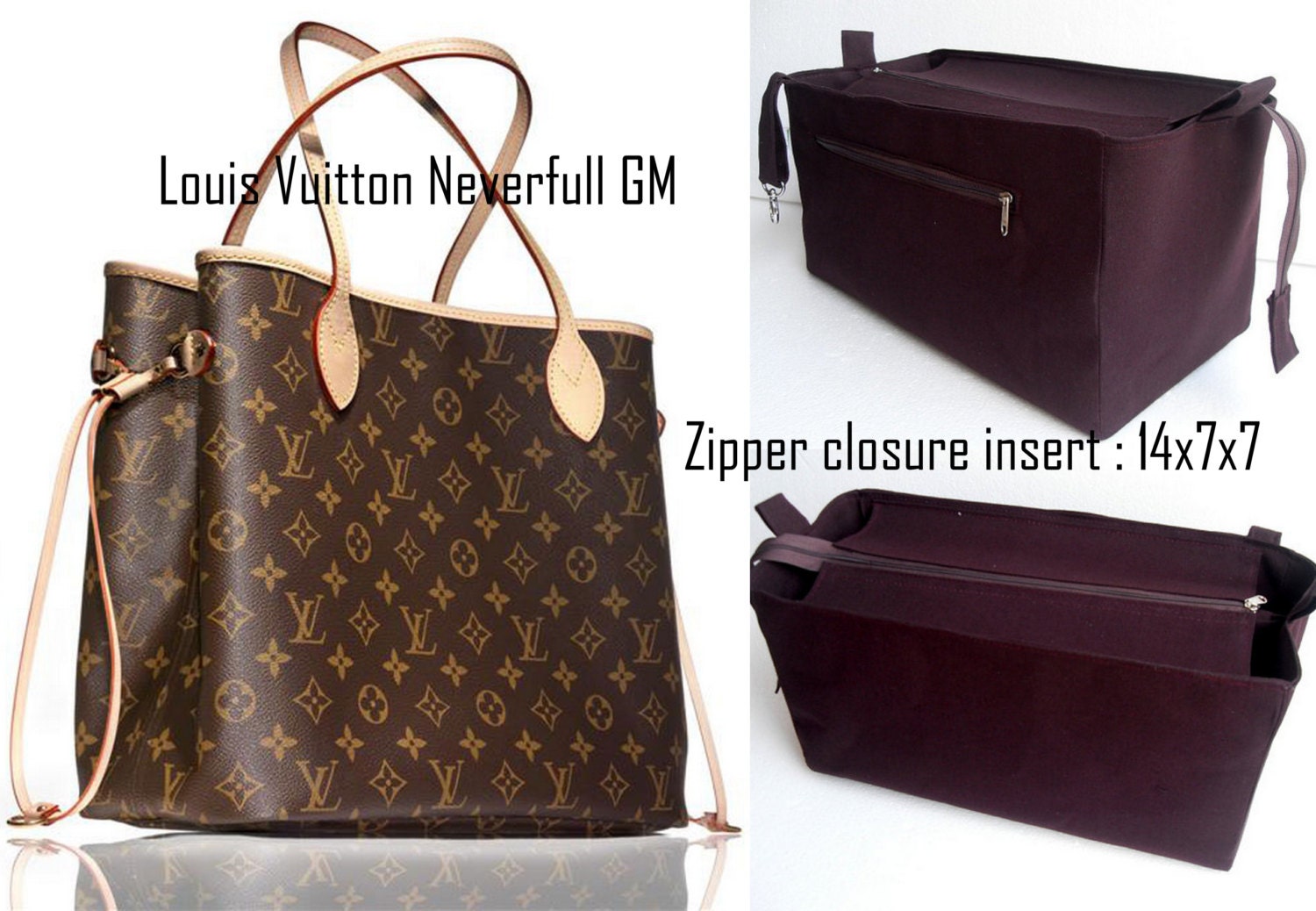 Neverfull mm LV Purse Organizer w/ Zippers Tan Beige for Louis Vuitton