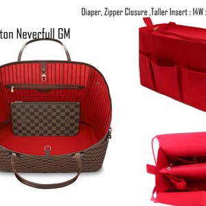 May include: A brown and tan Louis Vuitton Neverfull GM tote bag with a red interior. The bag is open and shows a brown and tan checkered pouch inside. The text "Louis Vuitton Neverfull GM" is printed above the bag.
