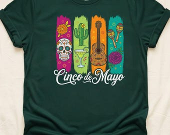 Cinco De Mayo Shirt Fiesta Party Tee Mexican Holiday Graphic Colorful Skull Guitar Cactus Shirt