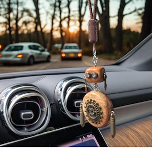 Mechanical Robot Rearview Mirror Accessory Handcrafted Wall Decor Wooden Steampunk Bag Charm For Him Gift Rustic Robot Figurine Desk Display