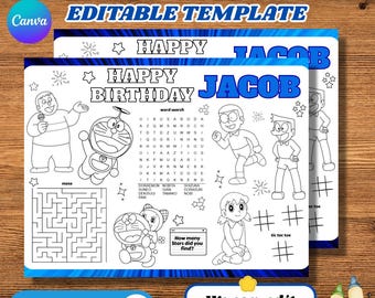 Mantel individual con actividades de cumpleaños de Doraemon (descarga digital)