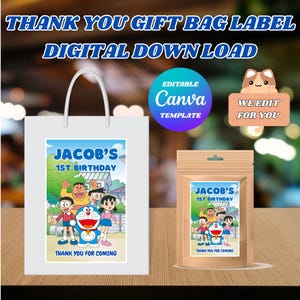 May include: White gift bag and a small brown pouch, both featuring a colorful cartoon design with the text "JACOB'S 1ST BIRTHDAY" and "THANK YOU FOR COMING". The image also includes text that says "THANK YOU GIFT BAG LABEL DIGITAL DOWNLOAD".