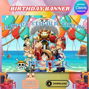 May include: A vibrant birthday banner with cartoon characters, balloons, and the text "HAPPY 8TH BIRTHDAY" and "PETER". The design incorporates a pirate theme with a skull and crossbones symbol, and the words "WE EDIT FOR YOU" and "DOWNLOAD".