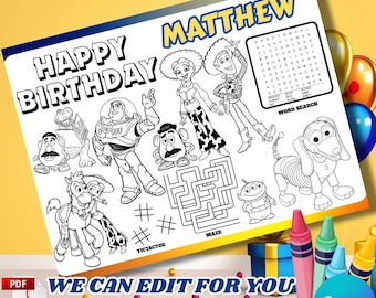 Napperon d'anniversaire Toy Story, activité avec nom personnalisé (téléchargement numérique)