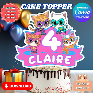 Printable cake toper Super kitties birthday template Super kitties design personalized Super kitties edited template instant download party