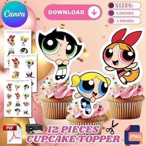 Adorno para cupcakes de Las Chicas Superpoderosas Plantilla para cupcakes de Las Chicas Superpoderosas Decoración de Las Chicas Superpoderosas Cupcake editable de Las Chicas Superpoderosas Fiesta de Las Chicas Superpoderosas