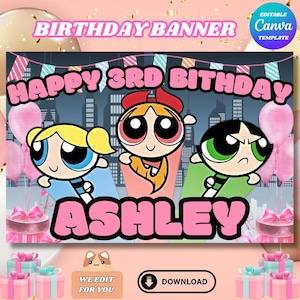 Banner de cumpleaños de Las Chicas Superpoderosas Descarga instantánea de Las Chicas Superpoderosas Diseño de Las Chicas Superpoderosas Plantilla personalizada de Las Chicas Superpoderosas