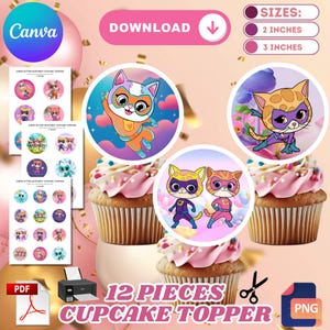 Printable Super kitties Cupcake Topper Super kitties Cupcake template Super kitties decor Super kitties editable template instant download
