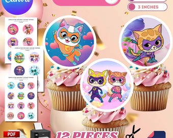 Adornos imprimibles para cupcakes de Super Kitties, decoración para fiestas de cumpleaños (descarga digital)