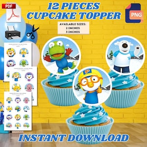 May include: Image of cupcakes with blue frosting and character toppers. The image includes text that says "12 Pieces Cupcake Topper" and "Instant Download". Available sizes are 5.08 cm and 7.62 cm.