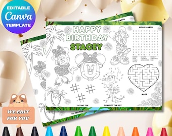 May include: A birthday activity placemat with a Minnie Mouse theme. The placemat includes a word search, maze, tic-tac-toe, and connect-the-dot games. The text "Happy Birthday Stacey" is displayed. A set of colorful crayons is at the bottom.