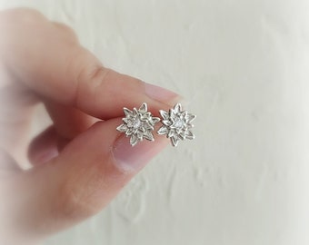 Edelweiss Earrings, Mountain Flower Earrings, Edelweiss Silver Jewelry, Edelweiß, Alpen-Edelweiß , Silver Zircon Earrings, Zircon earrings