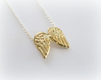 Gold Angel Wings Necklace - Solid brass and steel silver plated chain - Gold wings necklace