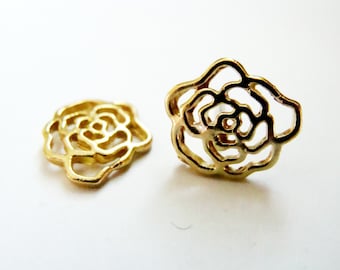 Gold Rose Studs - Metalwork Rose Earring - Flower Stud - Rose Post Earrings - Handmade Jewelry - Cutout Jewelry - Genderless Minimal Jewelry