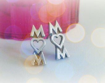 Mom Sterling Silver Studs - Mom Word Earrings - Mother's Day Gift - Mom Heart Studs - Modern Mom Jewelry - Multiple Piercing - Love Mom Stud